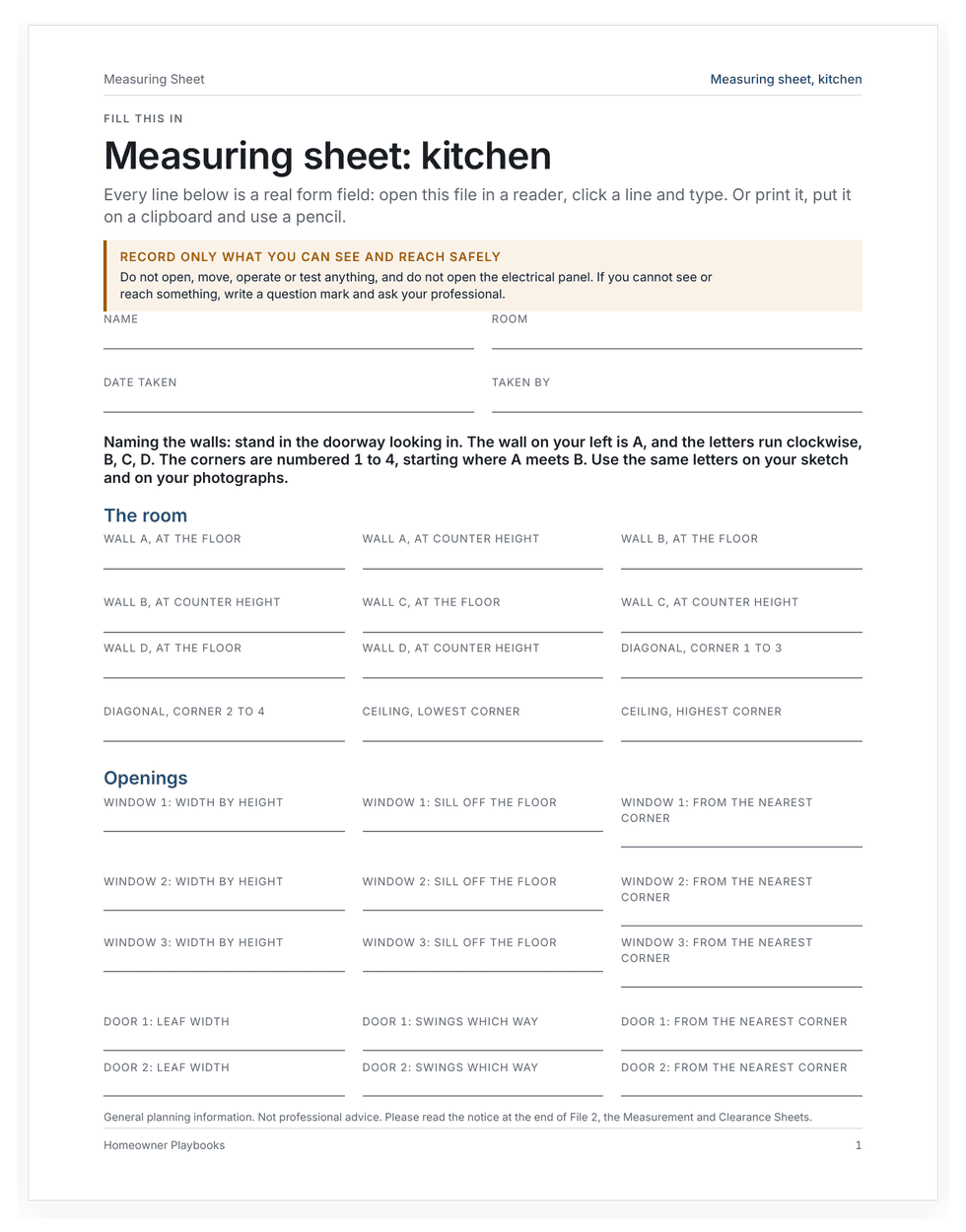 The fillable measuring sheet, with blank fields for walls, openings and ceiling heights.