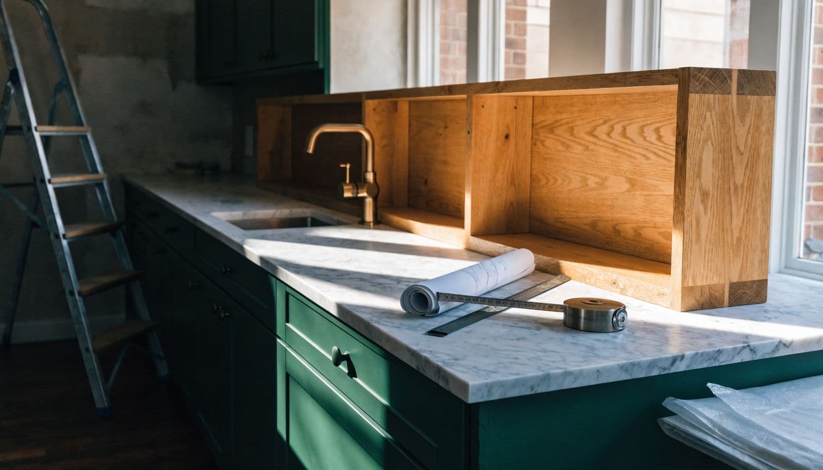 A kitchen part way through a remodel: green cabinets in, marble down, a roll of drawings on the worktop.